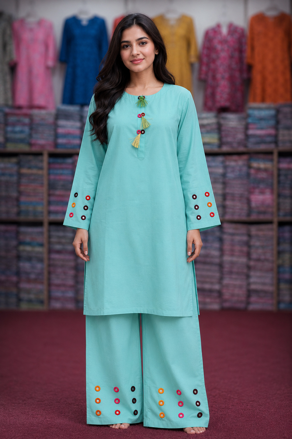 Mirror Work 2Pc Lawn Suit with Farshi Shalwar – Medium Size | Wholesale Box (10 Pieces)