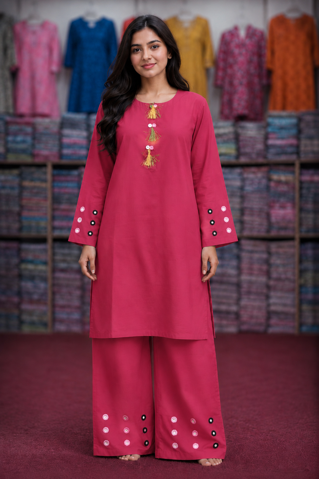 Mirror Work 2Pc Lawn Suit with Farshi Shalwar – Medium Size | Wholesale Box (10 Pieces)