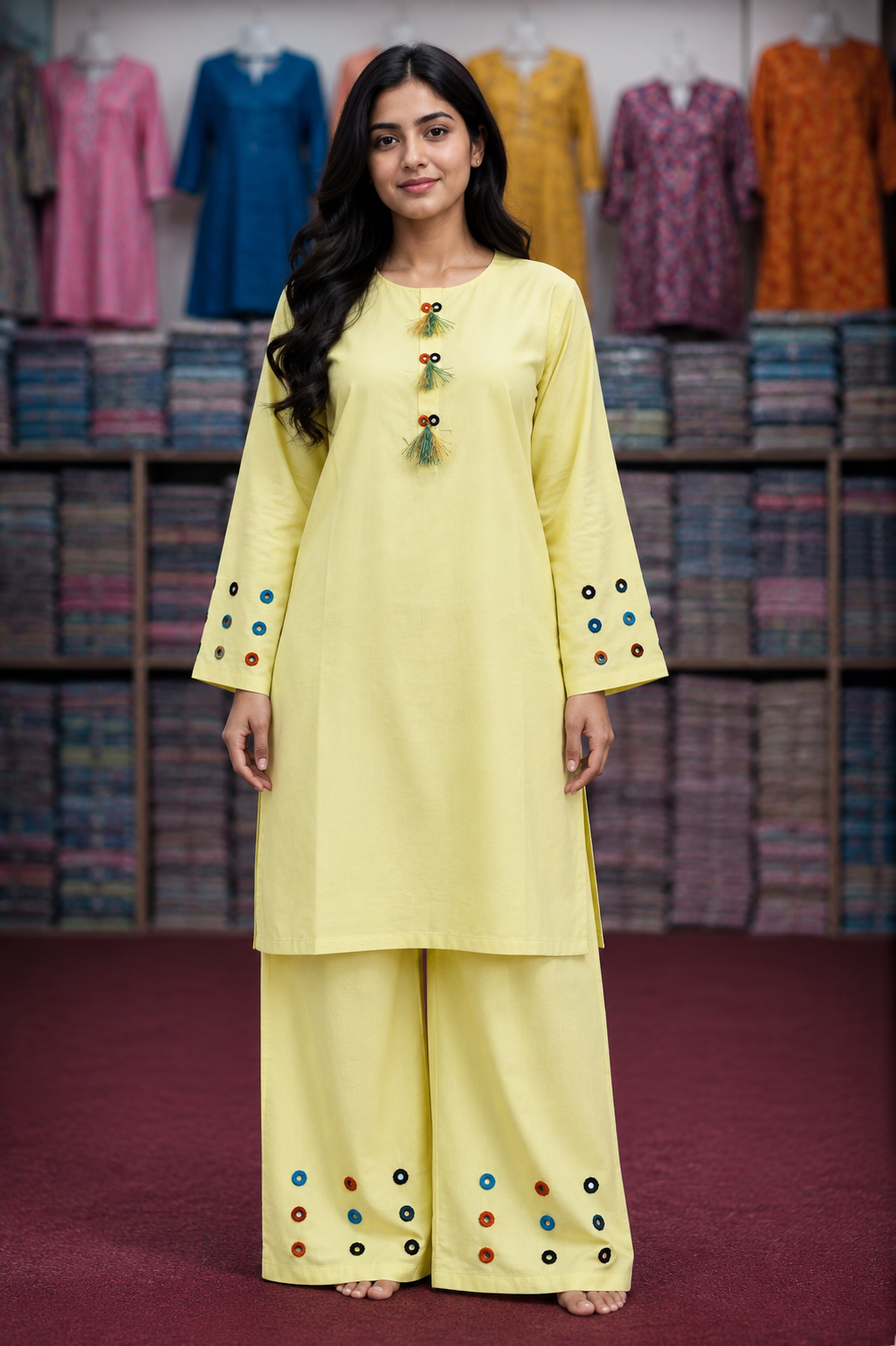Mirror Work 2Pc Lawn Suit with Farshi Shalwar – Medium Size | Wholesale Box (10 Pieces)