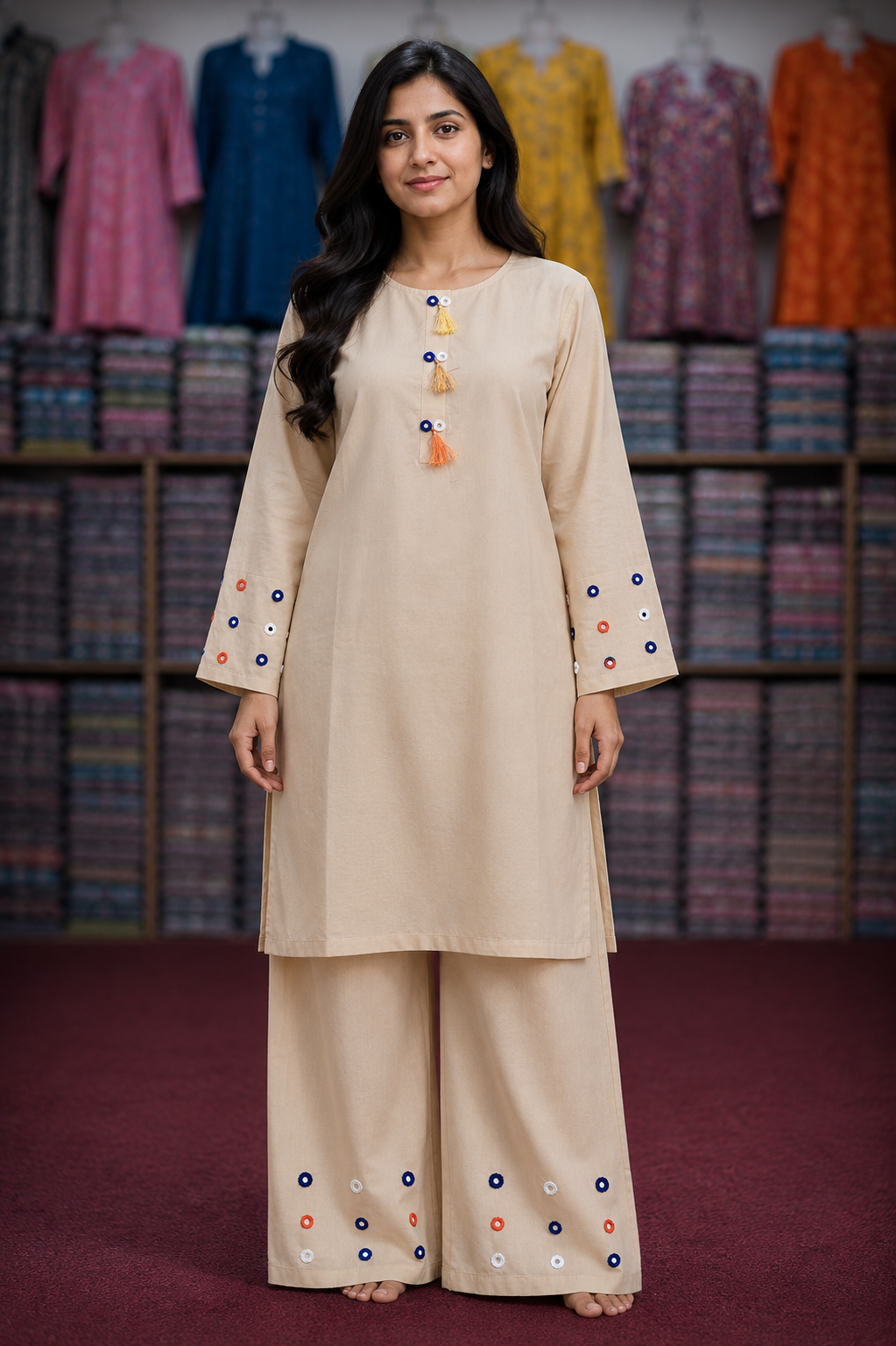 Mirror Work 2Pc Lawn Suit with Farshi Shalwar – Medium Size | Wholesale Box (10 Pieces)