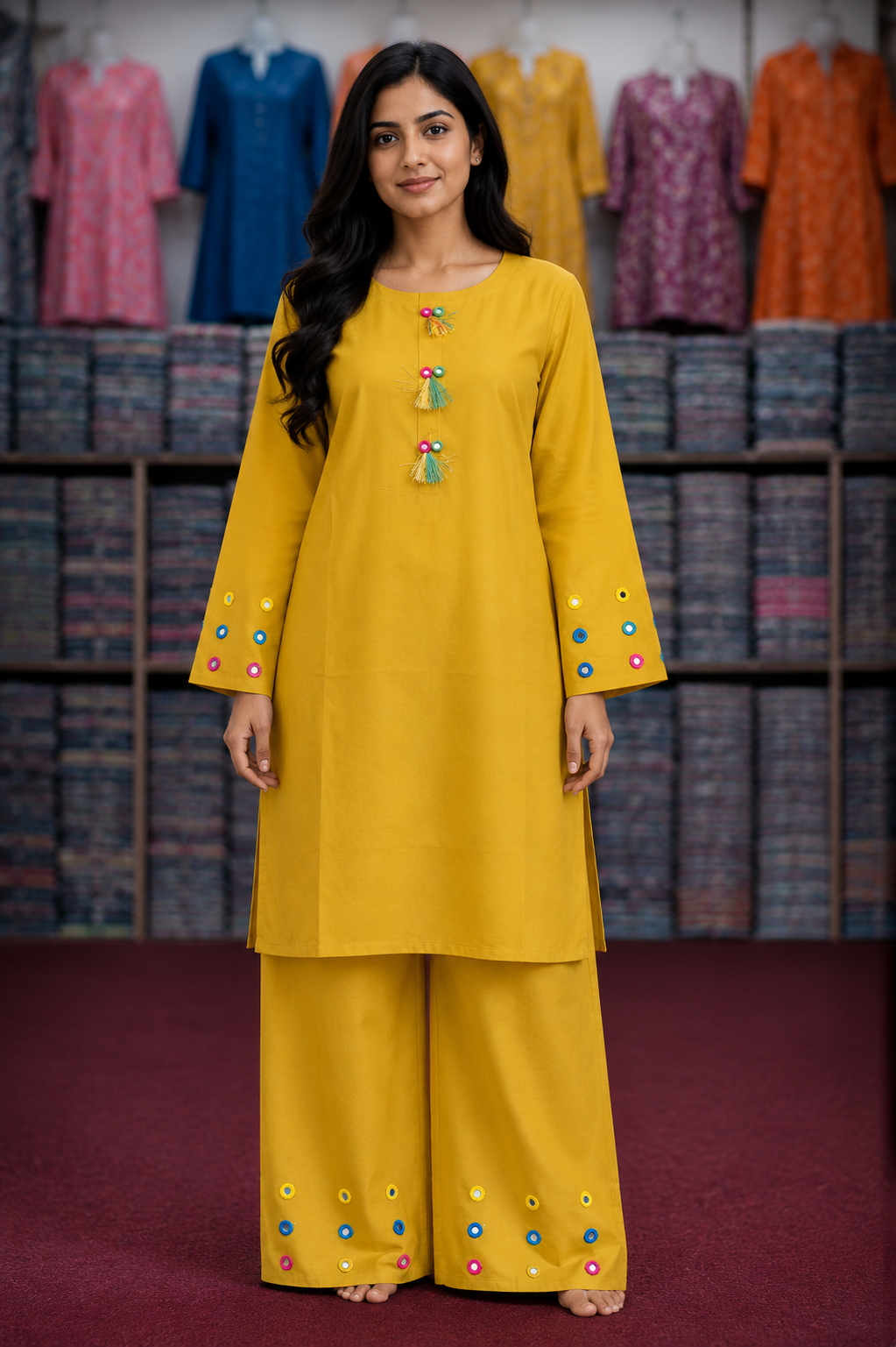Mirror Work 2Pc Lawn Suit with Farshi Shalwar – Medium Size | Wholesale Box (10 Pieces)