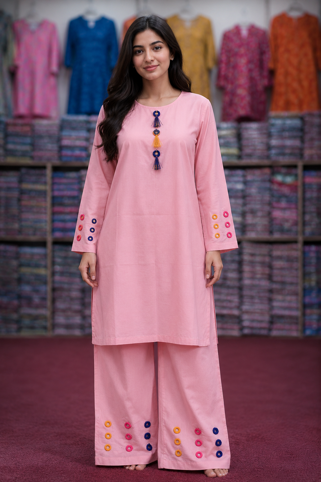 Mirror Work 2Pc Lawn Suit with Farshi Shalwar – Medium Size | Wholesale Box (10 Pieces)