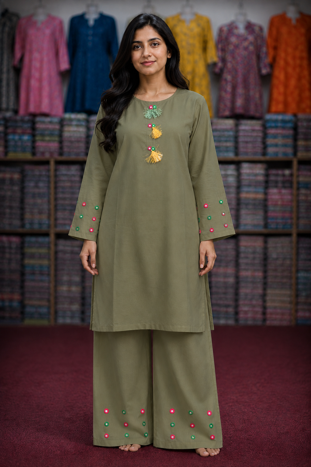 Mirror Work 2Pc Lawn Suit with Farshi Shalwar – Medium Size | Wholesale Box (10 Pieces)