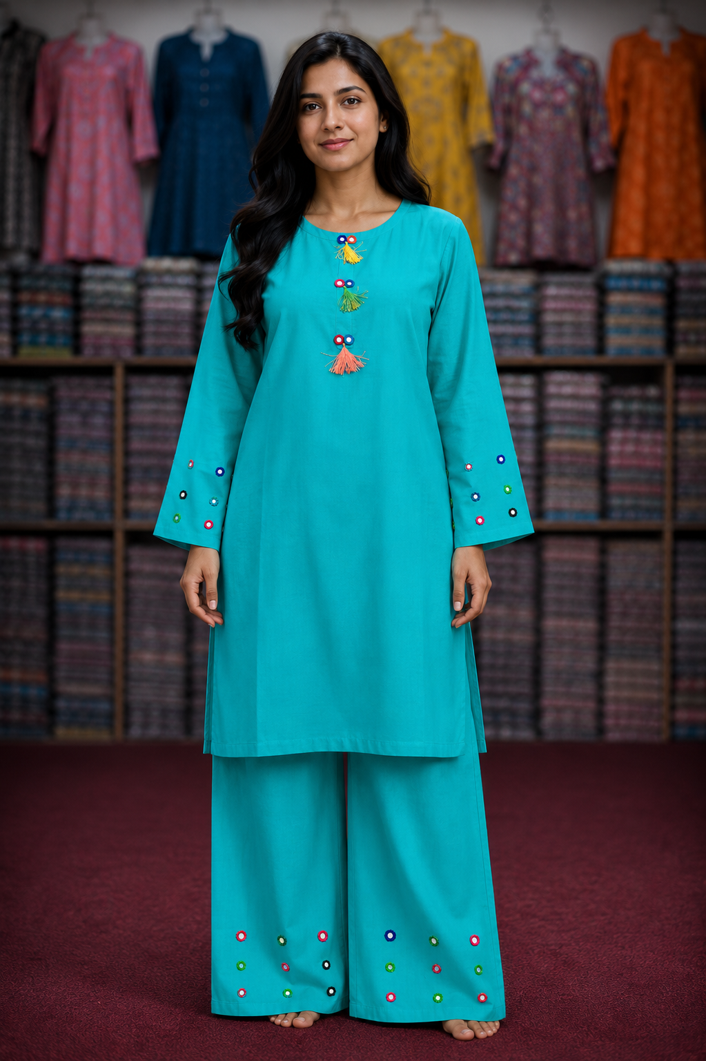 Mirror Work 2Pc Lawn Suit with Farshi Shalwar – Medium Size | Wholesale Box (10 Pieces)