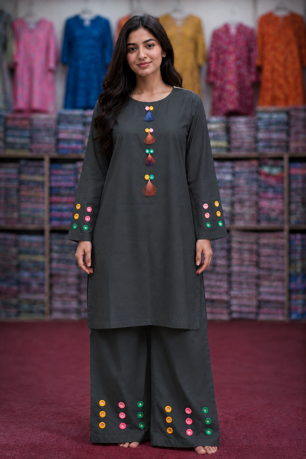 Mirror Work 2Pc Lawn Suit with Farshi Shalwar – Medium Size | Wholesale Box (10 Pieces)