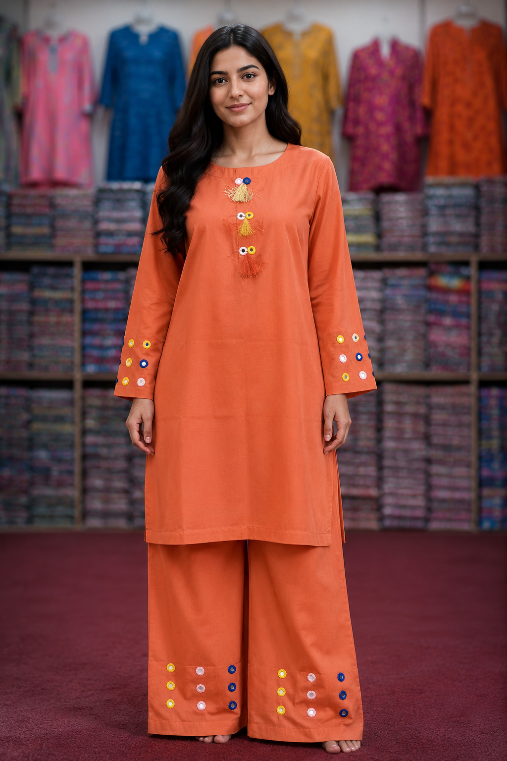 Mirror Work 2Pc Lawn Suit with Farshi Shalwar – Medium Size | Wholesale Box (10 Pieces)