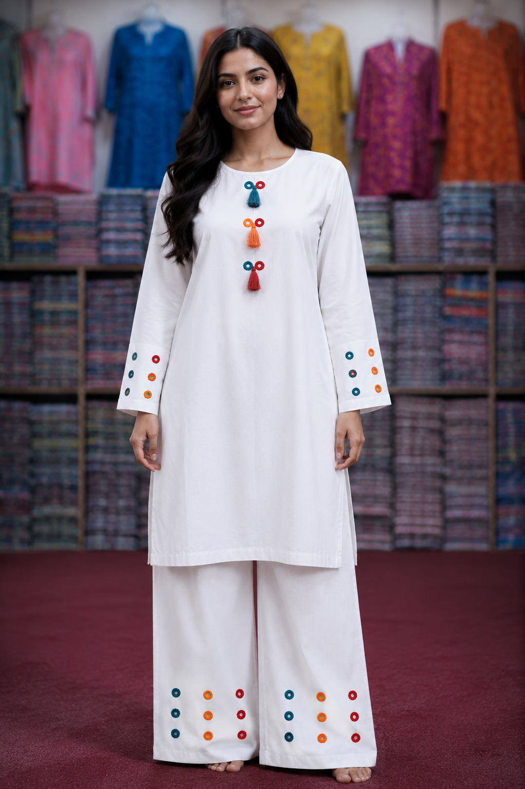 Mirror Work 2Pc Lawn Suit with Farshi Shalwar – Medium Size | Wholesale Box (10 Pieces)