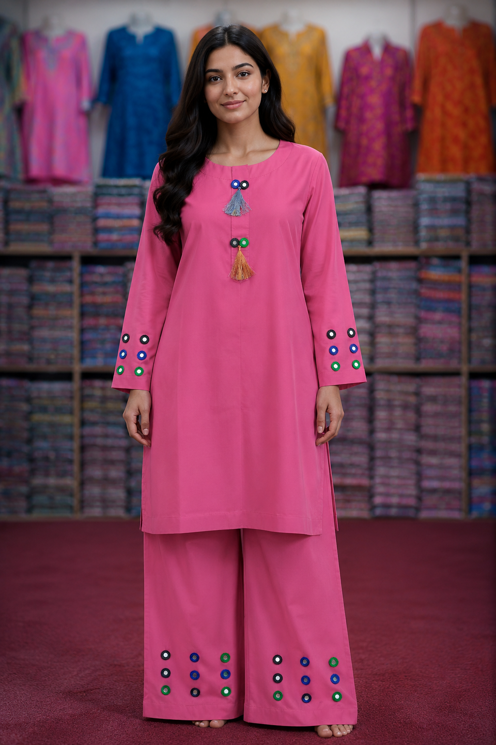 Mirror Work 2Pc Lawn Suit with Farshi Shalwar – Medium Size | Wholesale Box (10 Pieces)